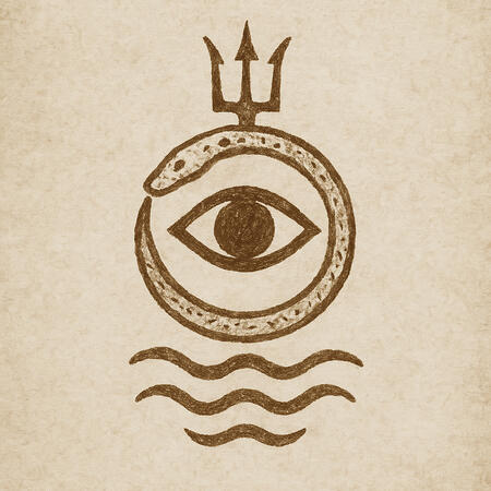An ancient symbol: an eye within a serpent's loop, crowned with three prongs above waves. The sign of the Folded Flame.